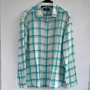 Vineyard Vines Blue and White Linen Tisbury Plaid Casual Shirt XL